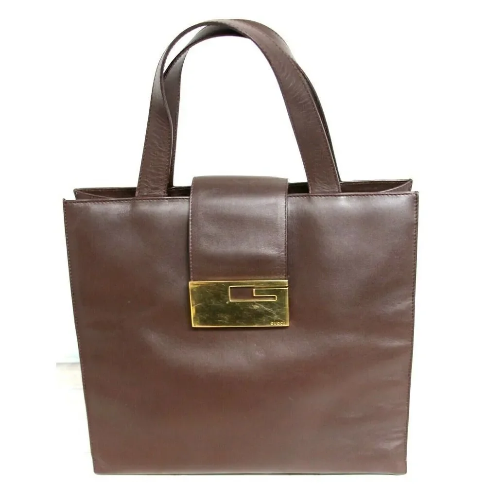 90th Y2K Gucci BROWN GENUINE LEATHER SUEDE LINED LOGO HANDBAG PURSE SATCHEL